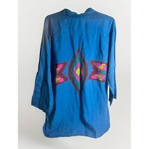 Art to Wear Linen Shirt Hand Painted Blue Southwestern Size Large  ‎      T
